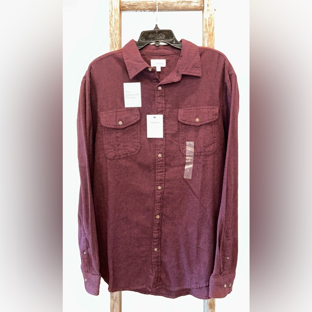 Sonoma Super Soft Flannel Men's Maroon Button Down Shirt size L NWT